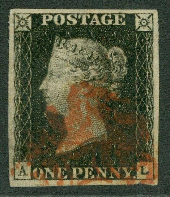 SG 2 1d black plate 8 lettered AL. Very fine used with a red Maltese cross...