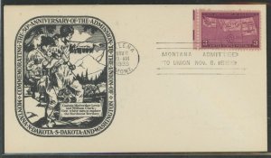 US 858 1939 3c 50th Anniv. of the Admission of Montana to the Union with Helena, MT cancel on unaddressed FDC with a Historic Ar