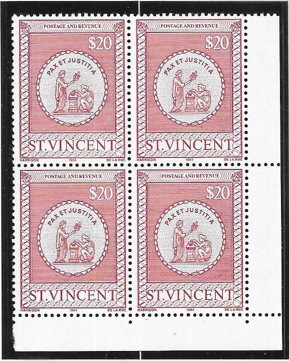 ST.Vincent #AR7 $20  Ststr Seal   (MNH) plate block CV$34.00