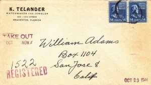 1946, Bradenton, FL to San Jose, CA, 2 X 14c Prexies, See Remark (30504)