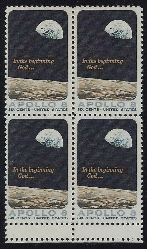 1371 - Miscut Gutter Snipe Error / EFO Block of 4 Earthrise Apollo 8 Mint NH