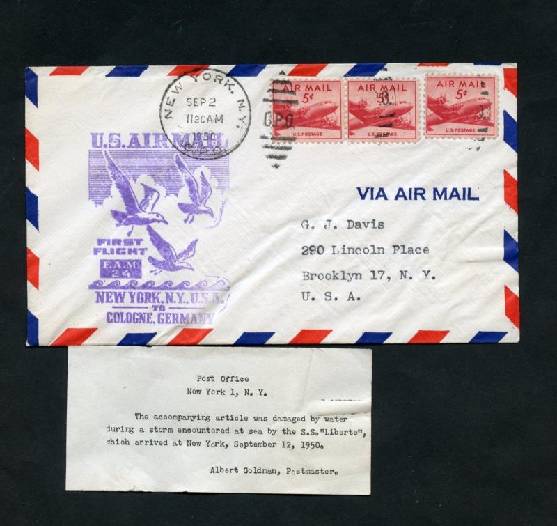 UNITED STATES 1950  1st AIRMAIL SERVICE  FAM 24  NY TO COLOGNE GER  FLIGHT COVER