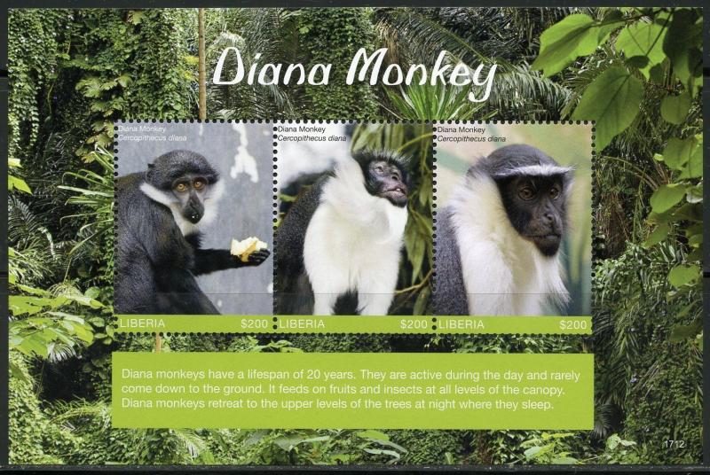 LIBERIA 2017  DIANA MONKEY SHEET MINT NH