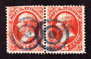 US O21 15c Interior Department Official Used Pair Blue Bullseye Fancy Cancels