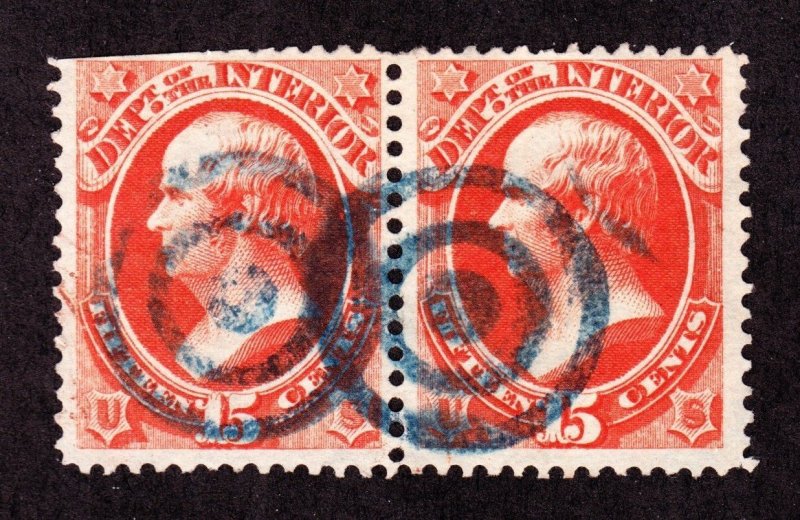 US O21 15c Interior Department Official Used Pair Blue Bullseye Fancy Cancels