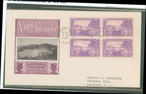 US 802 1937 3ct Virgin Islands (part ofthe US Possession series) block of four on an addressed (typed) first day cover with an I