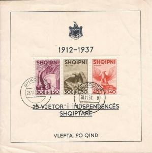 WD02/22/21-Albania - 1937 Independence Anniversary - 3 Stamp Souvenir Sheet #280