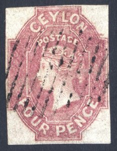 Ceylon 1859 4d Dull Rose Imperf Brandon CERT Scott 4 SG 4 VFU Cat£4,500($6,210)