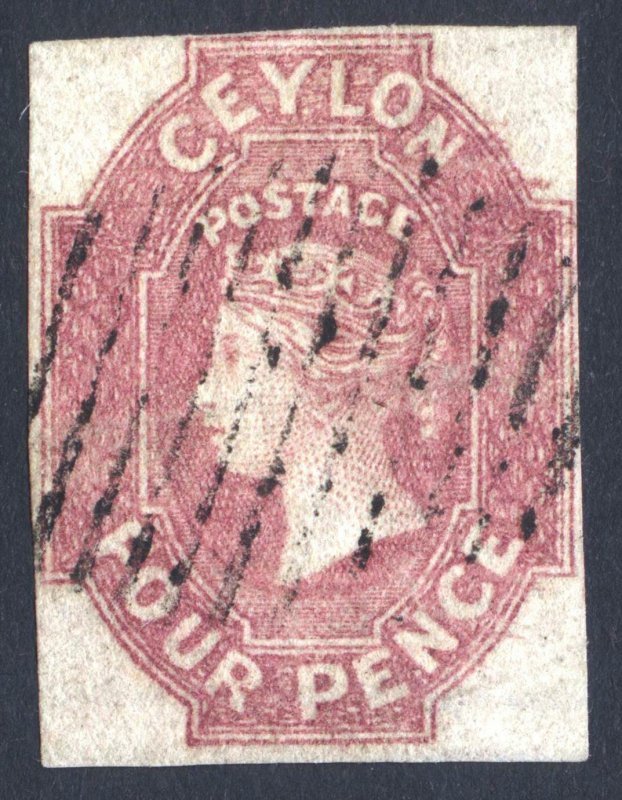 Ceylon 1859 4d Dull Rose, Imperforate, SG 4, Scott 4, VFU, Cat £4,500($6,075)