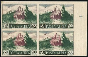 Air Mail Lire 500 View quatrain b. by f. not notched