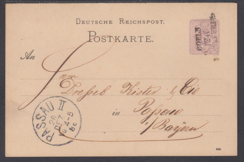 Germany H&G 12 used 1886 5pf Postal Card, COELN-PASSAU 3 Line Cancel, VF