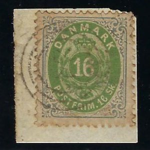 Denmark SC#20 Used F-VF on piece/toning SCV$175.00...Worth a Close Look!