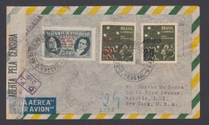 Brazil Sc C45, C55v, C57 on 1944 Censored Registered Air Mail Cover, Error.