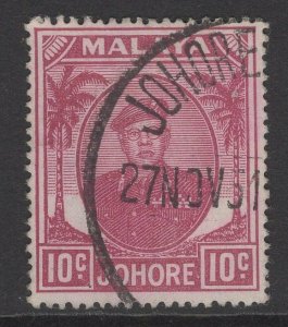 MALAYA JOHORE SG139 1949 10c MAGENTA USED