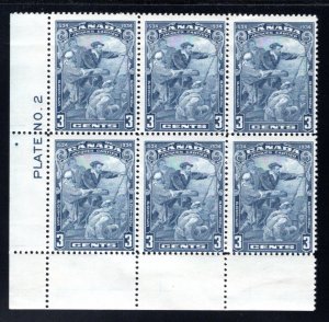 208 Scott, 3c blue, MNHOG, Jacques Cartier, F, LL PB of 6, C/V, Canada Postage S