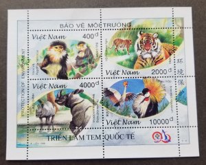 Vietnam Protection Environment 1996 Tiger Monkey Pheasant Wildlife Bird (ms) MNH