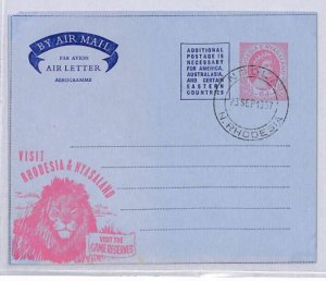 RHODESIA & NYASALAND QEII AIR LETTER 6d Cover *LION* Ndola 1957 TOURISM ZN253