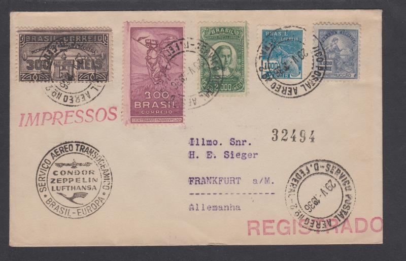 Brazil Sieger 413, 1936 Hindenburg Zeppelin cover, LZ129 5th Südamerikafahrt