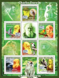 COMORES 2009 SHEET CHARLES DARWIN MONKEYS BIRDS PARROTS WILDLIFE cm9222a