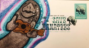 2024 Save Manatees FDC HAND DRAWN PAINTED CACHET DCP Bubbles Ukulele Sing