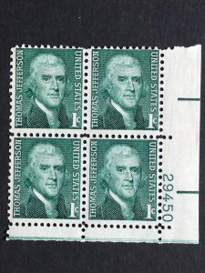 Scott # 1278 Thomas Jefferson, MNH Plate Block of 4