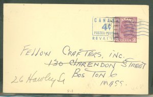 Canada  Canada Postal card revalued to 4c, Boston receiver on back Oct 27, 1954