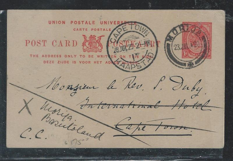 BASUTOLAND  (PP2909B)  1920 SOUTH AFRICA KGV 1D PSC USED FROM MORIJA TO CAPETOWN