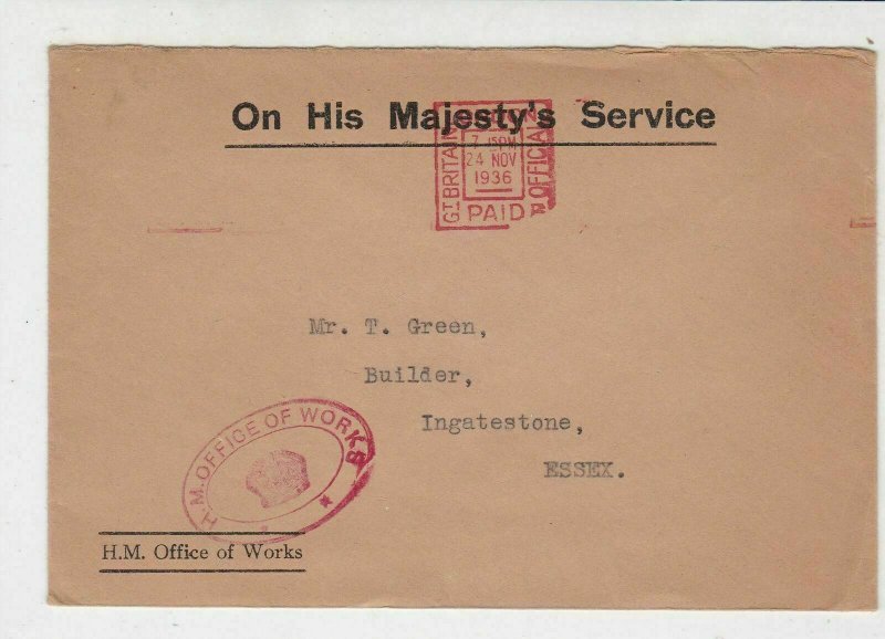 England 1936 On His Majestys Service Office of Works Meter Mail Cover Ref 31849