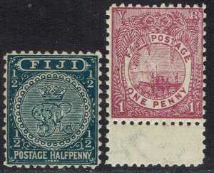 FIJI 1891 VR MONOGRAM AND CANOE ½D AND 1D PERF 11¾ X 11