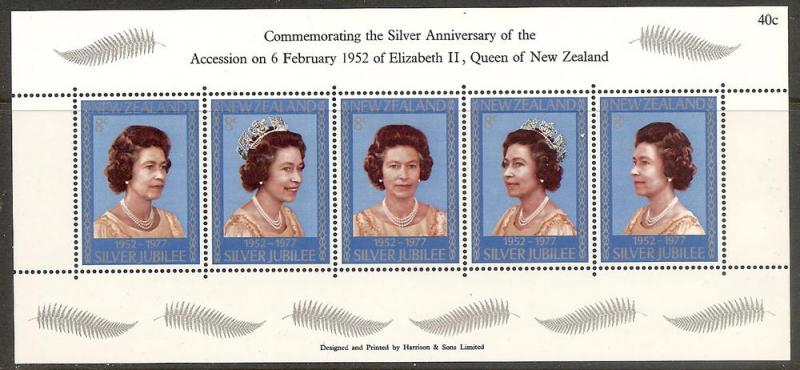 NEW ZEALAND  620 MNH Silver Jubilee Sheet of 5