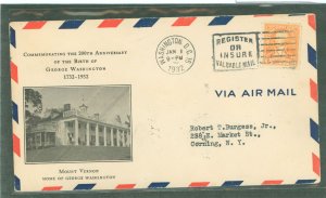 US 711 1932 6c Washington Bicentennial (single)on an addressed (typed) first day cover with a rice cachet.