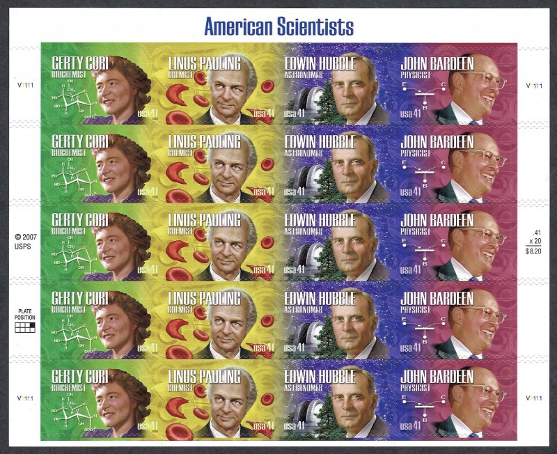 United States #4224-4227 41¢ American Scientists (2008).  Mini-sheet of 20. MNH