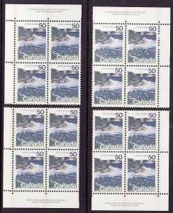Canada id#12116-Sc#598iii-set of 4 plate blocks#1-50c Seashore-type II-NH-1974-