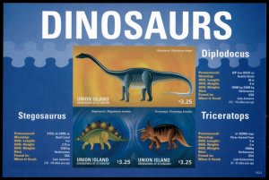 Union Island 2014 - Dinosaurs - Sheet of 3 IMPERF Stamps - MNH