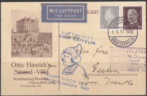 Germany -1.11.1930 80pf Hindenburg on Zeppelin card (1616)