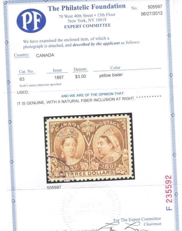 Canada #63 Extra Fine Used Gem With Light Purple CDS Cancel **With Cert.**