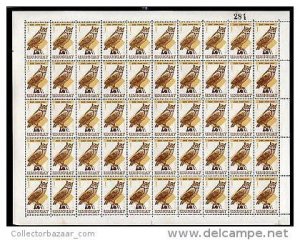 OWL FULL SHEET OF 50 STAMPS URUGUAY Sc#751 MNH Native Birds CV$100