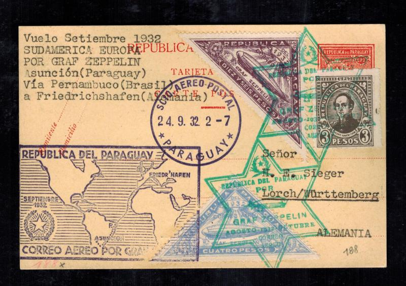 1932 Paraguay Graf Zeppelin Postcard Cover to Lorch Germany LZ 127 Star of David