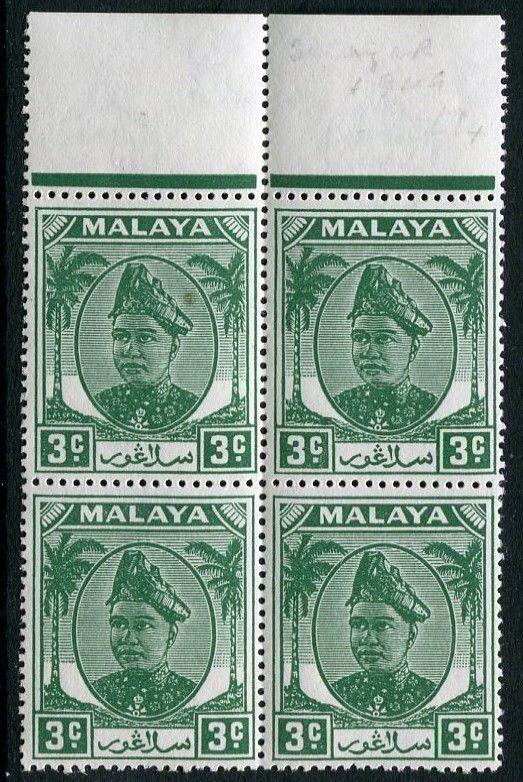 MALAYA (SELANGOR)-1943 3c Green Sg 92 UNMOUNTED MINT V21439