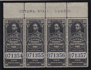 Canada VD #FWM71 (1930) $10 King George V Weights & Measures Plate Block VF NH 