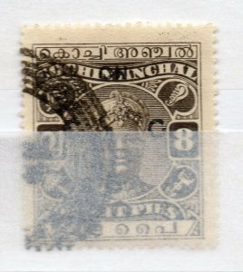 India Cochin 1919-33 Early Issue used Shade of 8p. Optd NW-15819