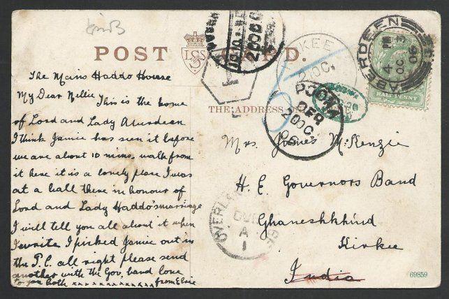 GB TO INDIA 1906 postcard, various tax marks inc. OVERLAND POSTAGE DUE.....50319