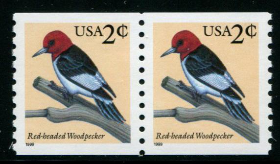 3045 US 2c Red-headed Woodpecker coil, MNH pr