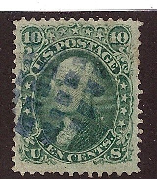 96 Used, 10c. Washington VF-XF, Blue Cancel, scv: $250, FREE Insured Shipping