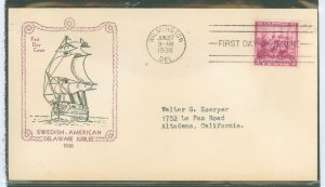US 836 1938 3c Swedish-Fibish Delaware Tercentennary on an addressed (typed) FDC with a Holland cachet