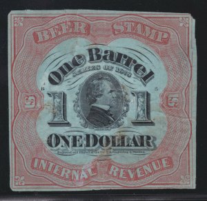 US REA42d 1878 $1 Beer Stamp VF SCV $250 (-001)