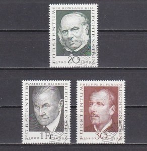 Liechtenstein, Scott cat. 447-448, 450.  Sir Roland Hill & others. Canceled.