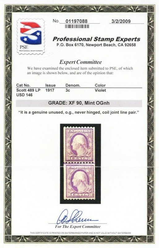 489, Mint XF OG NH Coil Line Pair With PSE Graded 90 Certificate - Stuart Katz