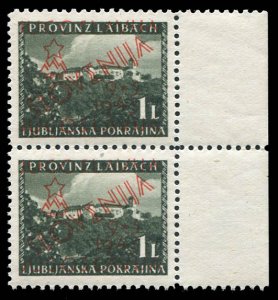 Slovenia #Mi. 7b Cat€40, 1945 1L dark green, red overprint, vertical pair, ...