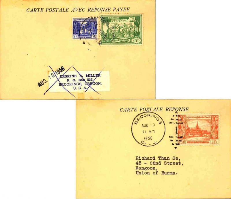 Burma 5p Bell and 10p Rice Planting 1956 Rangoon, Sorting Postcard Attached R...